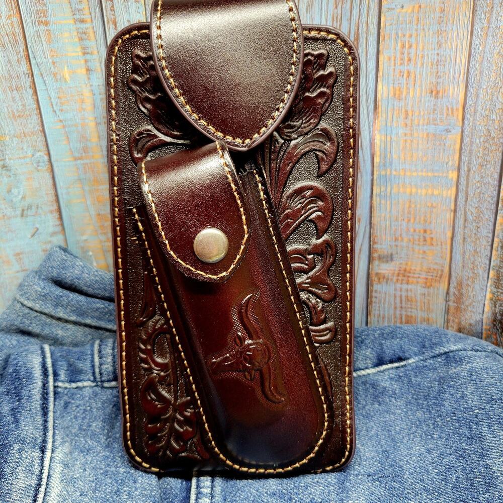 Longhorn Leather Phone Holstor With Knife Sheath & Belt Clip Sz LARGE 7x4"